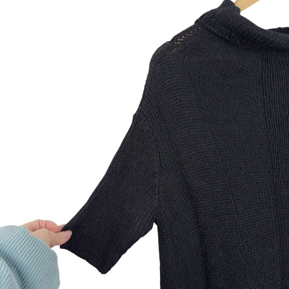 EILEEN FISHER Black Alpaca Silk Rib Turtleneck Long A-Line Short Sleeve Sweater - Picture 2 of 15